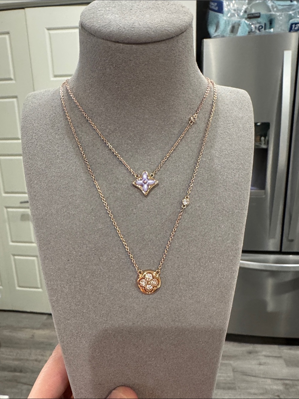 Purple Mother of Pearl Clover Double Layer Necklace Champagne Gold